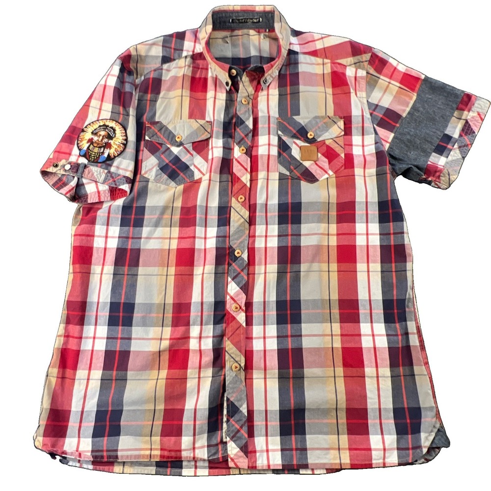AKOO Y2K Mens Plaid Short Sleeve Shirt Button Down Chief Patch Streetwear Sz L